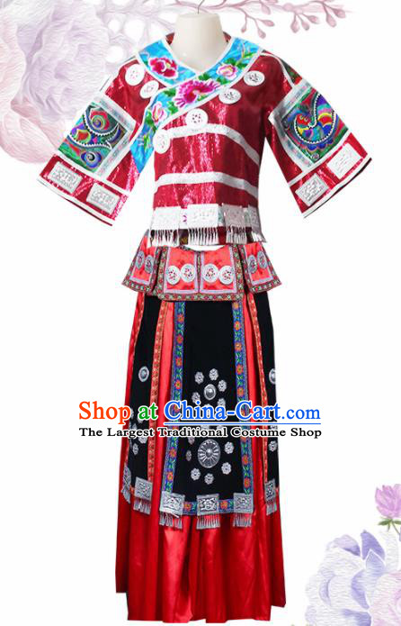 Chinese Traditional Guangxi Miao Nationality Wedding Embroidered Red Dress Ethnic Folk Dance Costume for Women