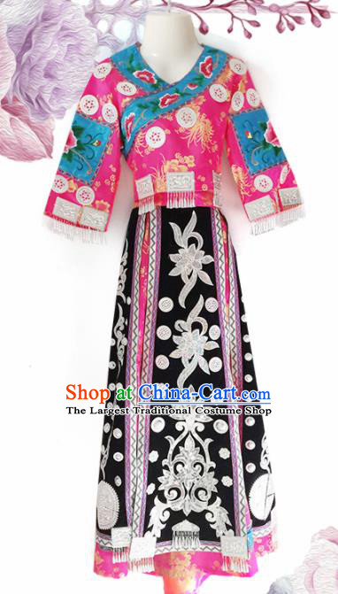 Chinese Traditional Guizhou Miao Nationality Wedding Embroidered Pink Dress Ethnic Folk Dance Costume for Women