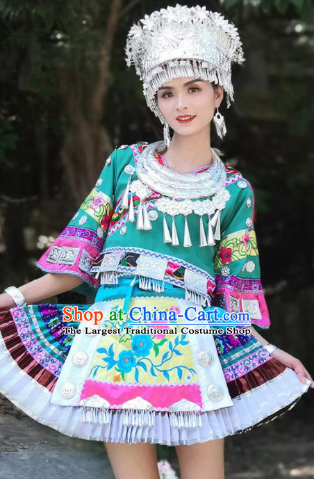 Chinese Traditional Xiangxi Miao Nationality Embroidered Green Short Dress Ethnic Folk Dance Costume and Headpiece for Women