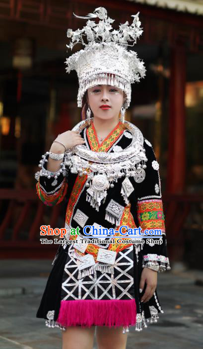 Chinese Traditional Miao Nationality Embroidered Black Short Dress Ethnic Folk Dance Costume for Women