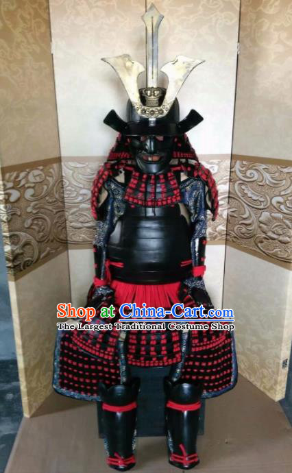 Japanese Handmade Traditional Samurai Red Tassel Body Armor and Helmet Ancient Warrior Costumes for Men