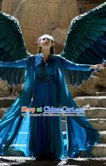 Chinese Ancient Princess of the Winged Tribe Yu Ran Blue Dress Drama Novoland Eagle Flag Replica Costumes and Headpiece for Women