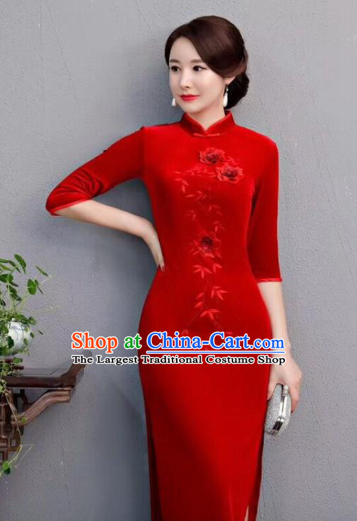 Chinese Traditional Qipao Dress Red Velvet Cheongsam National Costumes for Women