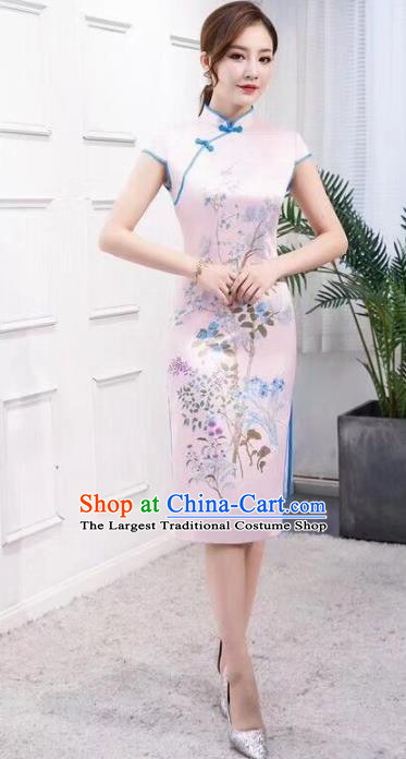 Chinese Traditional Qipao Dress Printing Light Pink Cheongsam National Costumes for Women