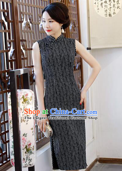 Chinese Traditional Qipao Dress Black Cotton Cheongsam National Costume for Women