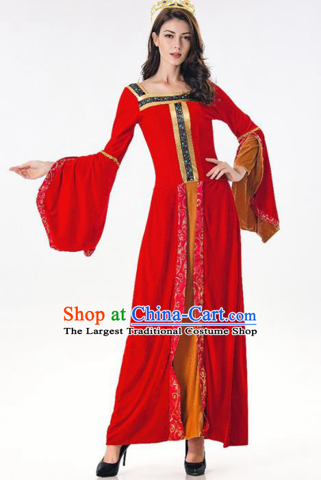 Traditional Europe Middle Ages Princess Red Dress Halloween Cosplay Queen Stage Performance Costume for Women