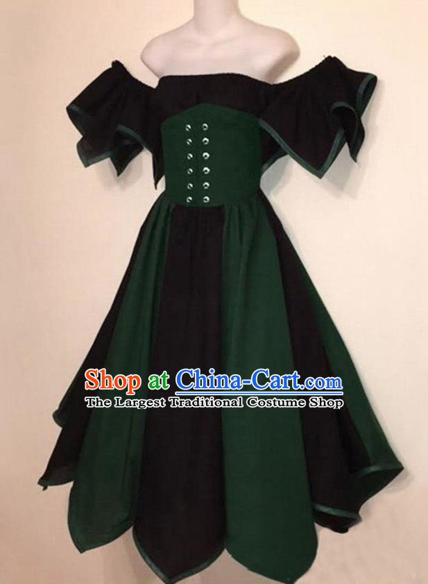 European Medieval Traditional Costume Europe Renaissance Drama Stage Performance Deep Green Dress for Women