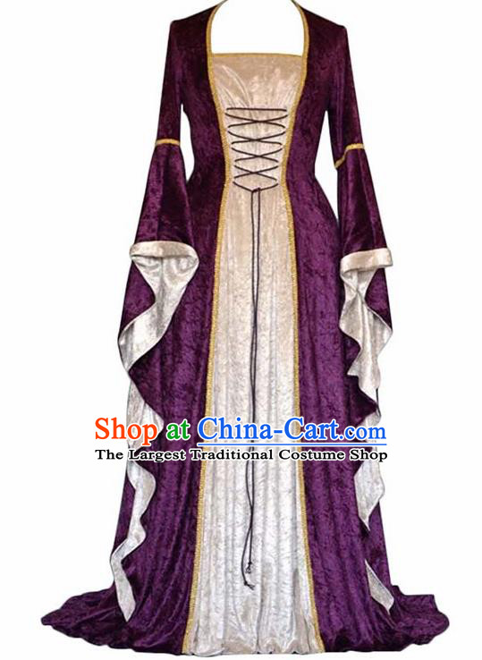 Traditional Europe Middle Ages Countess Purple Velvet Dress Halloween Cosplay Stage Performance Costume for Women