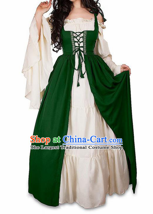 Traditional Europe Middle Ages Farmwife Green Dress Halloween Cosplay Stage Performance Costume for Women