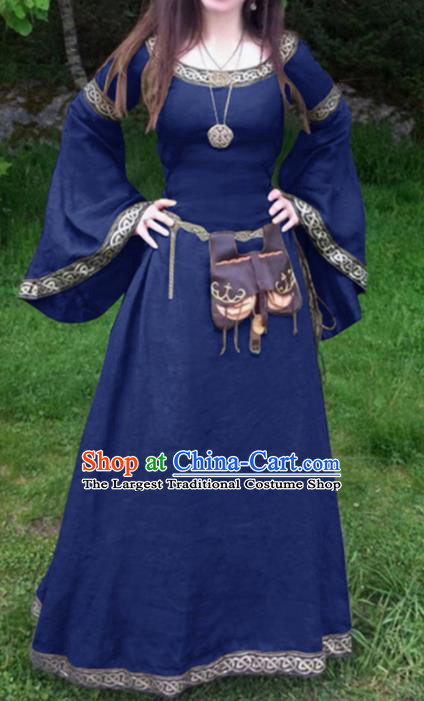 Traditional Europe Middle Ages Civilian Blue Dress Halloween Cosplay Stage Performance Costume for Women