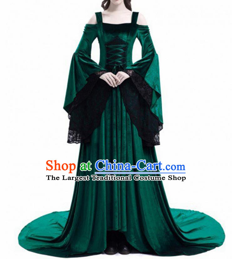 Traditional Europe Middle Ages Court Green Velvet Dress Halloween Cosplay Stage Performance Costume for Women