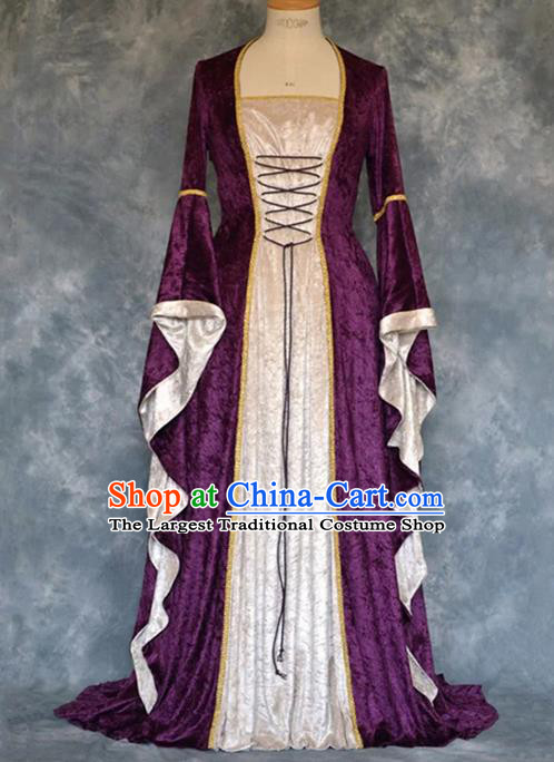 Traditional Europe Renaissance Court Purple Velvet Dress European Drama Stage Performance Halloween Cosplay Costume for Women