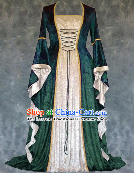 Traditional Europe Renaissance Court Green Velvet Dress European Drama Stage Performance Halloween Cosplay Costume for Women