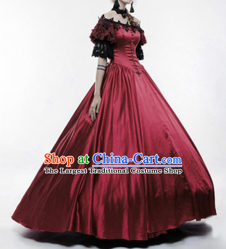 Traditional Europe Court Renaissance Wine Red Dress Halloween Cosplay Stage Performance Costume for Women