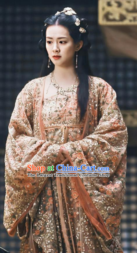 Chinese Ancient Palace Princess Xiao Zhou Dress Drama Novoland Eagle Flag Replica Costumes and Headpiece for Women