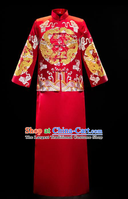 Chinese Traditional Tang Suit Red Mandarin Jacket and Gown Ancient Bridegroom Wedding Embroidered Costumes for Men