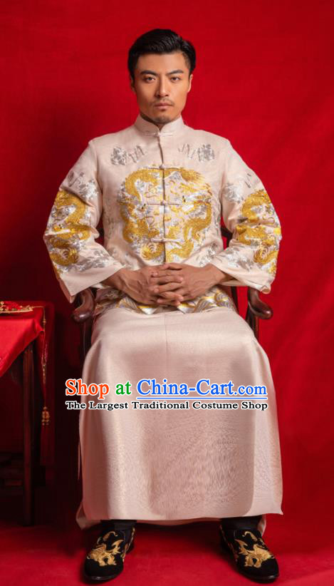 Chinese Traditional Embroidered Wedding Champagne Mandarin Jacket and Gown Ancient Bridegroom Tang Suit Costumes for Men