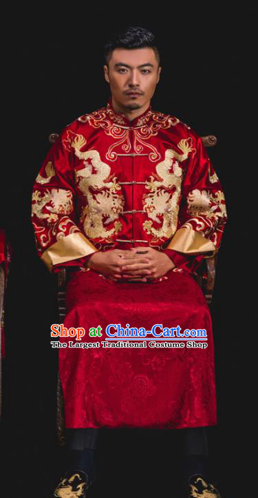 Chinese Traditional Wedding Embroidered Dragons Red Mandarin Jacket and Gown Ancient Bridegroom Tang Suit Costumes for Men