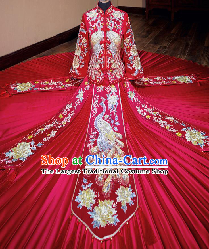 Chinese Traditional Wedding Toast Xiuhe Suit Ancient Bride Embroidered Peacock Full Dress for Women
