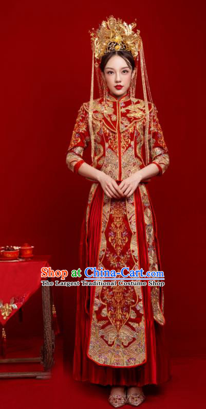 Chinese Traditional Wedding Toast Red Xiuhe Suit Ancient Bride Embroidered Full Dress for Women