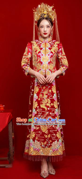 Chinese Traditional Wedding Toast Dragon Phoenix Xiuhe Suit Ancient Bride Embroidered Full Dress for Women