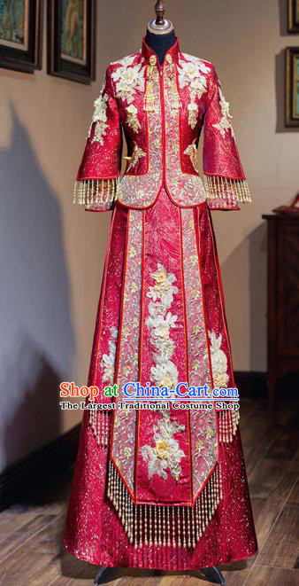 Chinese Traditional Wedding Toast Red Xiuhe Suit Ancient Bride Embroidered Full Dress for Women