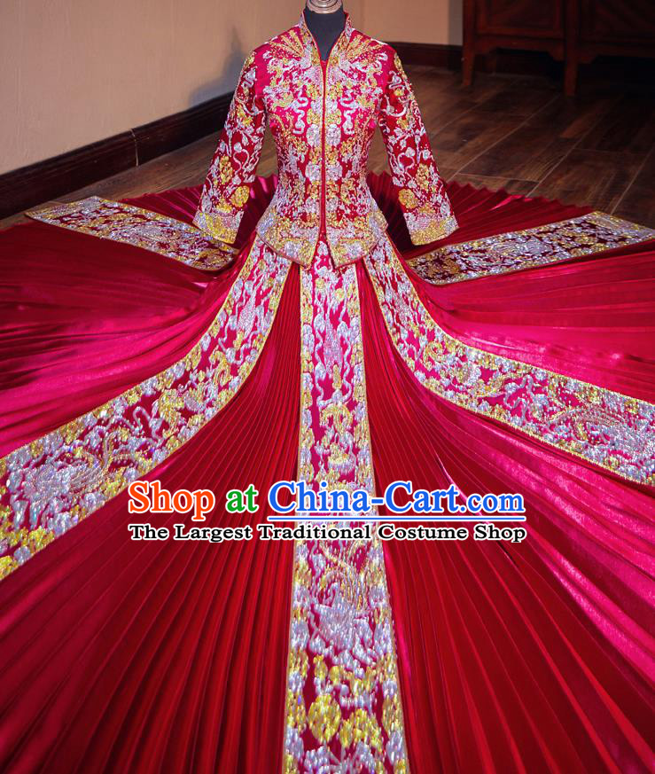 Chinese Traditional Wedding Costumes Toast Red Xiuhe Suit Ancient Bride Embroidered Full Dress for Women