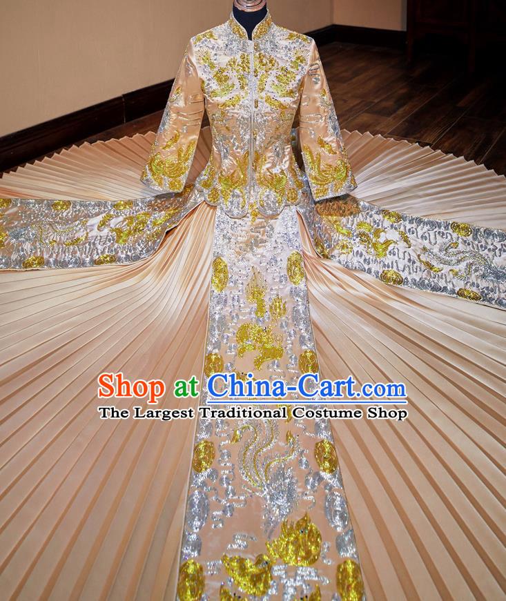 Chinese Traditional Wedding Costumes Toast Champagne Xiuhe Suit Ancient Bride Embroidered Full Dress for Women