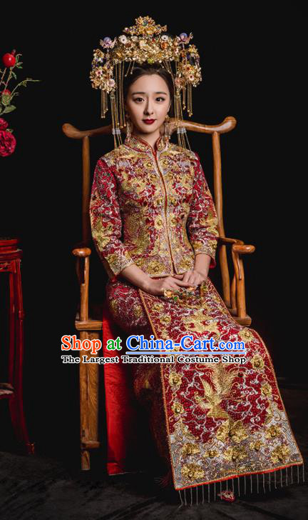 Chinese Traditional Wedding Costumes Embroidered Phoenix Toast Xiuhe Suit Ancient Bride Full Dress for Women