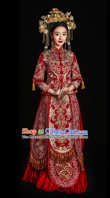 Chinese Traditional Wedding Toast Longfeng Flown Costumes Embroidered Red Xiuhe Suit Ancient Bride Full Dress for Women