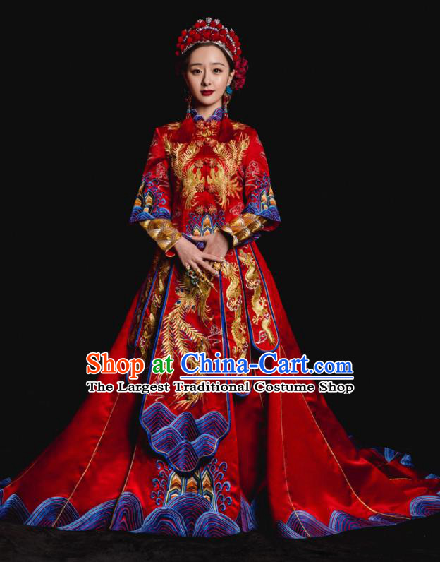 Chinese Traditional Wedding Toast Trailing Costumes Embroidered Red Xiuhe Suit Ancient Bride Full Dress for Women