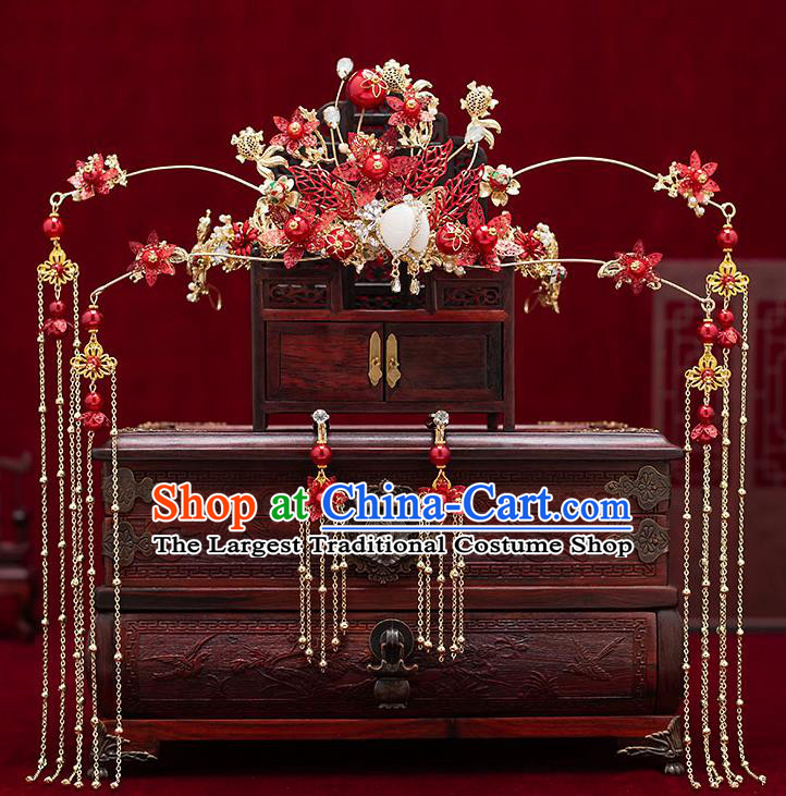 Chinese Traditional Bride Red Leaf Phoenix Coronet Handmade Hairpins Wedding Hair Accessories for Women