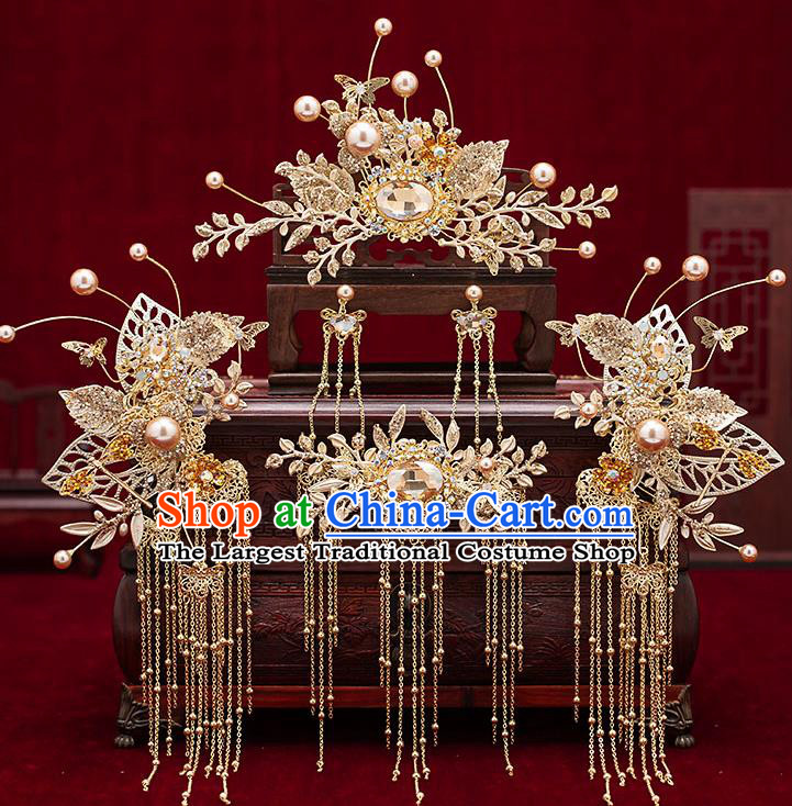 Chinese Traditional Bride Golden Hair Crown Handmade Hairpins Wedding Hair Accessories Complete Set for Women