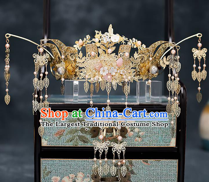 Chinese Traditional Bride Golden Tassel Phoenix Coronet Handmade Hairpins Wedding Hair Accessories Complete Set for Women