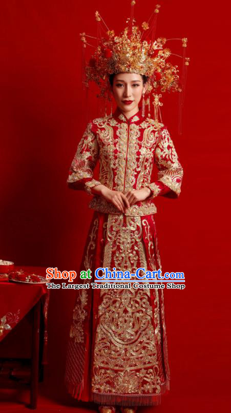 Chinese Traditional Wedding Costumes Embroidered Red Toast Xiuhe Suit Ancient Bride Full Dress for Women