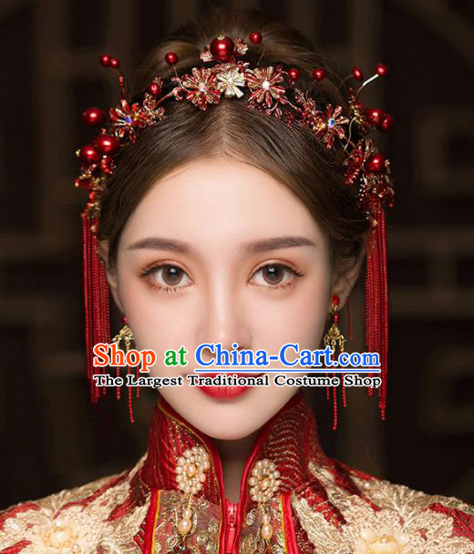 Chinese Traditional Red Flowers Tassel Hair Clasp Bride Handmade Hairpins Wedding Hair Accessories Complete Set for Women