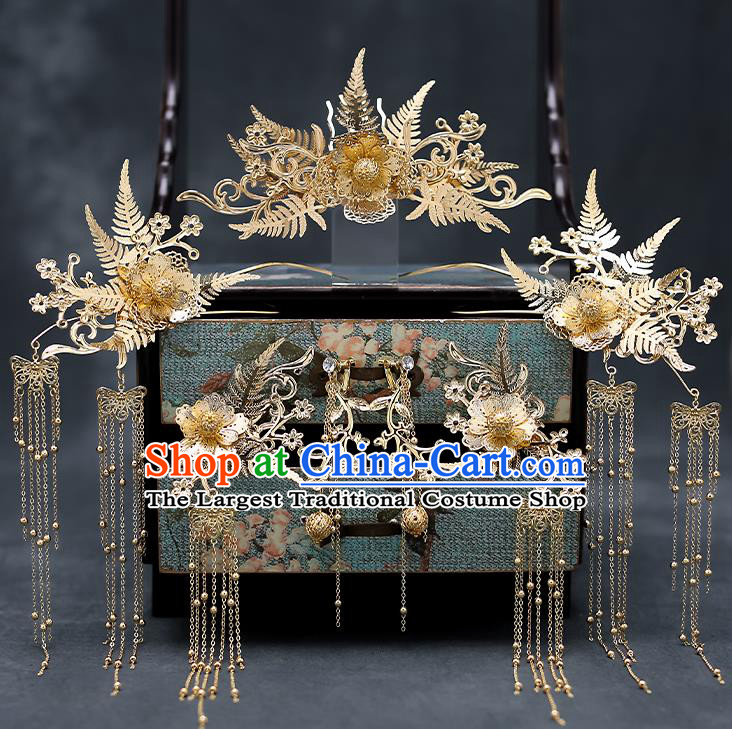 Chinese Traditional Golden Leaf Hair Comb Bride Handmade Hairpins Wedding Hair Accessories Complete Set for Women