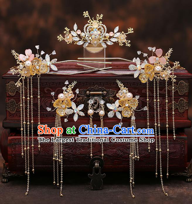 Chinese Traditional Opal Hair Comb Bride Handmade Tassel Hairpins Wedding Hair Accessories Complete Set for Women