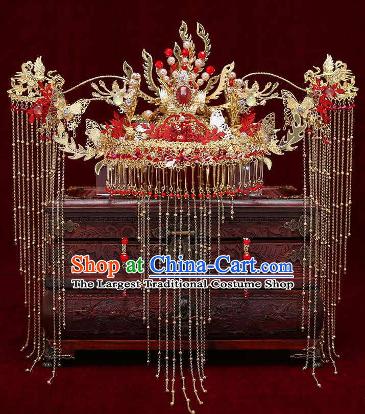 Chinese Traditional Wedding Red Crystal Phoenix Coronet Bride Handmade Tassel Hairpins Hair Accessories Complete Set for Women