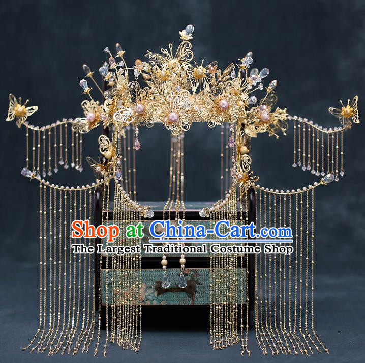 Chinese Traditional Wedding Butterfly Phoenix Coronet Bride Handmade Tassel Hairpins Hair Accessories Complete Set for Women