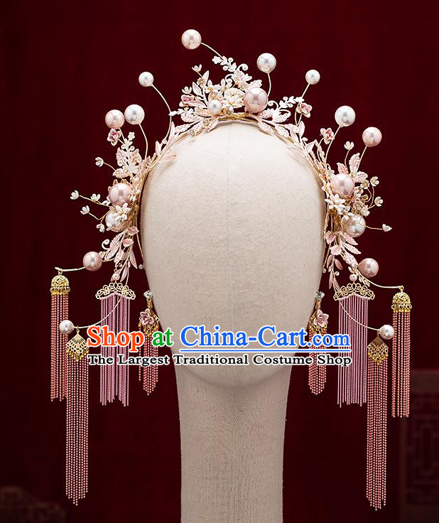 Chinese Traditional Wedding Pink Tassel Hair Clasp Bride Handmade Hairpins Hair Accessories Complete Set for Women