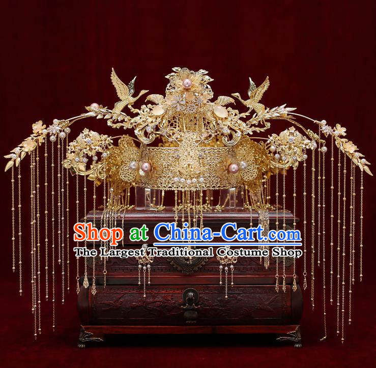 Chinese Traditional Wedding Golden Cranes Phoenix Coronet Bride Handmade Tassel Hairpins Hair Accessories Complete Set for Women