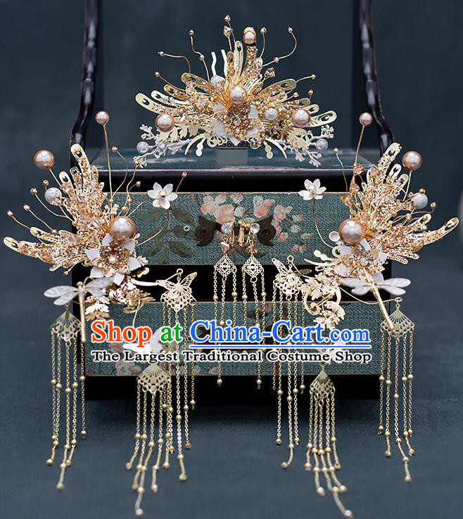 Chinese Traditional Bride Golden Hair Comb Handmade Hairpins Wedding Hair Accessories Complete Set for Women