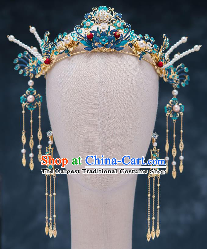 Chinese Traditional Bride Cloisonn Hair Crown Handmade Hairpins Wedding Hair Accessories Complete Set for Women