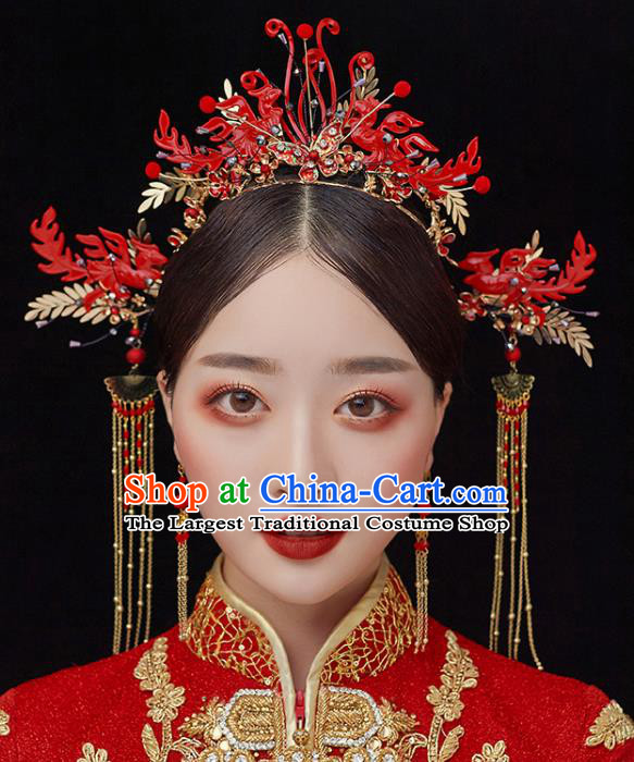 Chinese Traditional Bride Red Phoenix Coronet Handmade Hairpins Wedding Hair Accessories Complete Set for Women