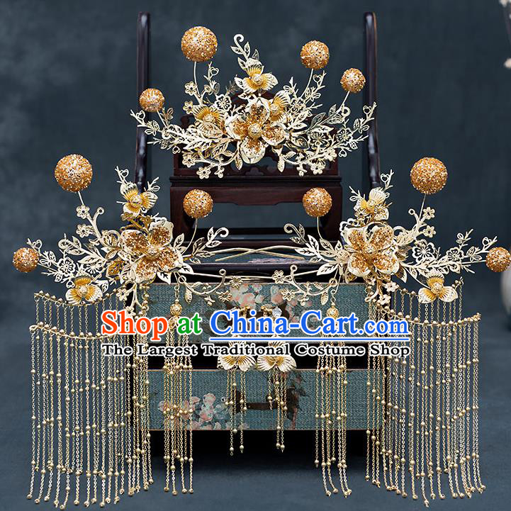 Chinese Traditional Bride Golden Tassel Hair Comb Handmade Hairpins Wedding Hair Accessories Complete Set for Women