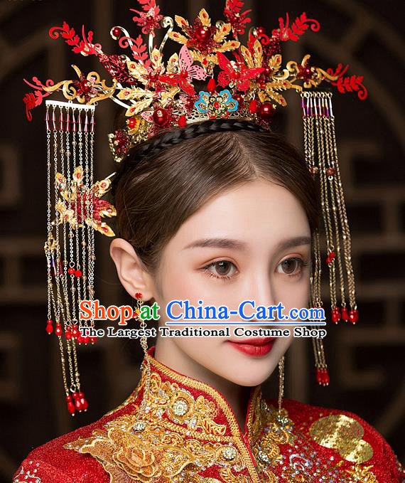 Chinese Traditional Red Butterfly Phoenix Coronet Bride Handmade Hairpins Wedding Hair Accessories Complete Set for Women