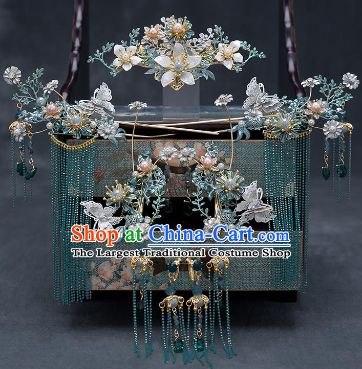 Top Chinese Traditional Wedding Blue Flower Hair Comb Bride Handmade Tassel Hairpins Hair Accessories Complete Set