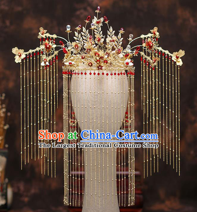 Top Chinese Traditional Wedding Golden Phoenix Coronet Bride Handmade Tassel Hairpins Hair Accessories Complete Set