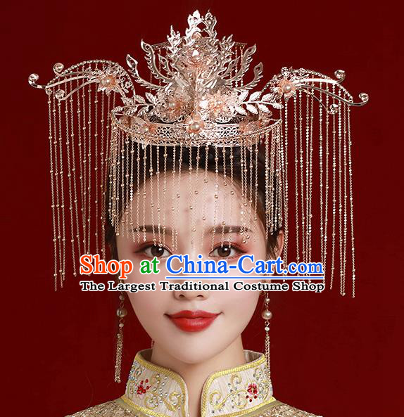 Top Chinese Traditional Wedding Golden Hair Crown Bride Handmade Tassel Hairpins Hair Accessories Complete Set